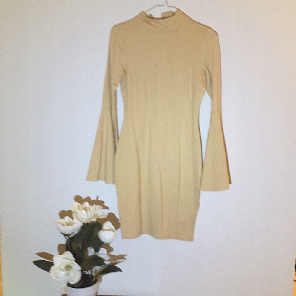 Tan Sheath Dress with bell sleeves